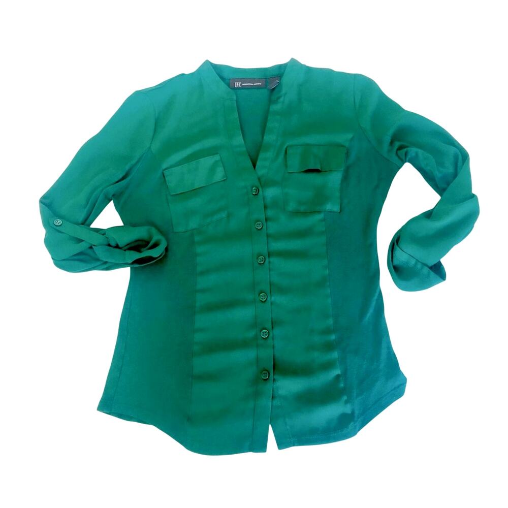 INC International Concepts Mixed Media Kelly Green Button Front Blouse - Picture 4 of 16